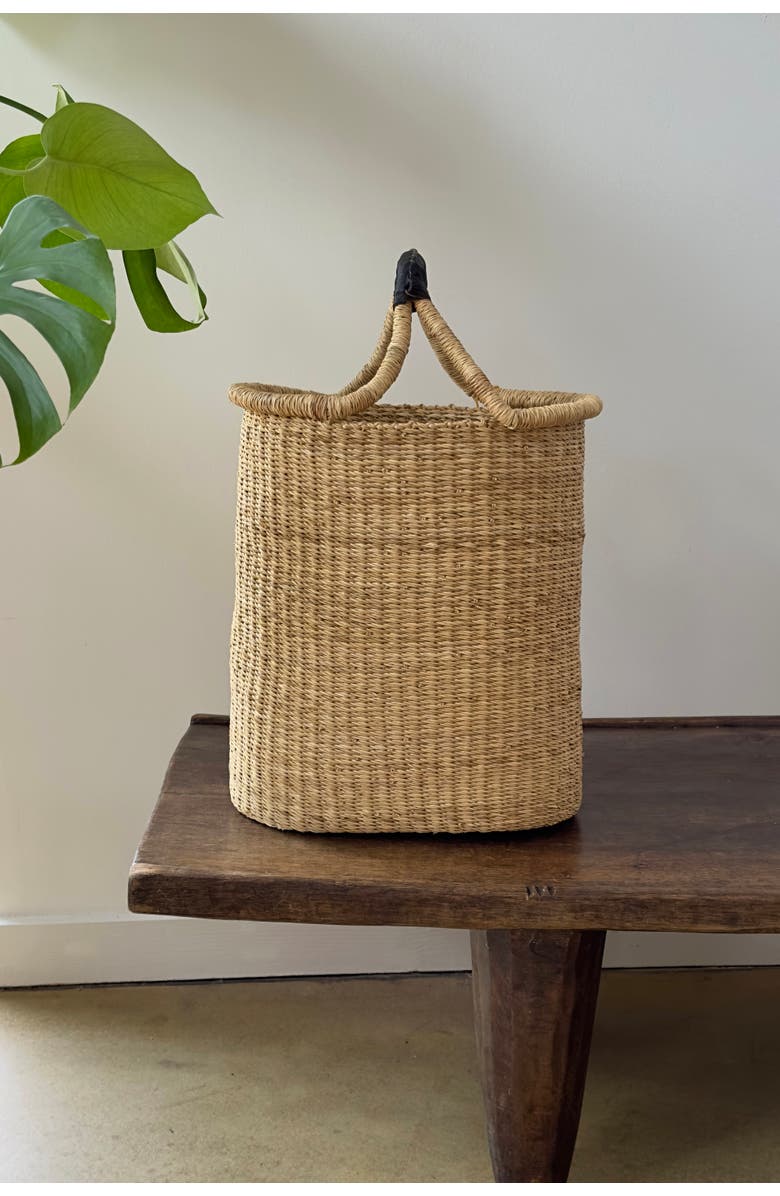 Mbare Handwoven Double Weave Pot Basket with Black Leather Handle, Alternate, color, Natural