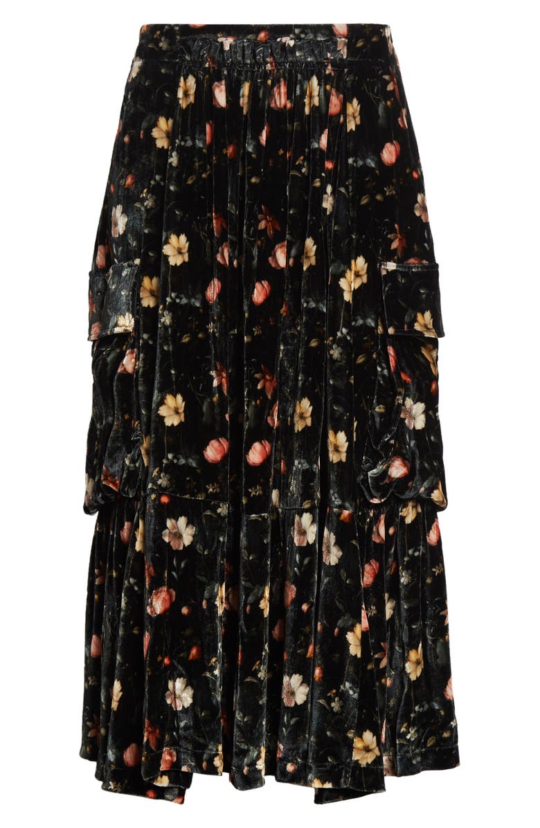 R13 Gathered Floral Velvet Cargo Midi Skirt, Alternate, color, Multifloral Black