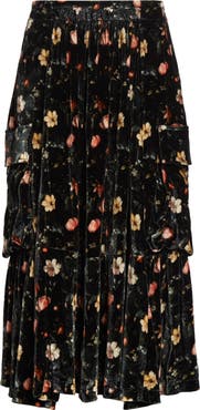 R13 Gathered Floral Velvet Cargo Midi Skirt
