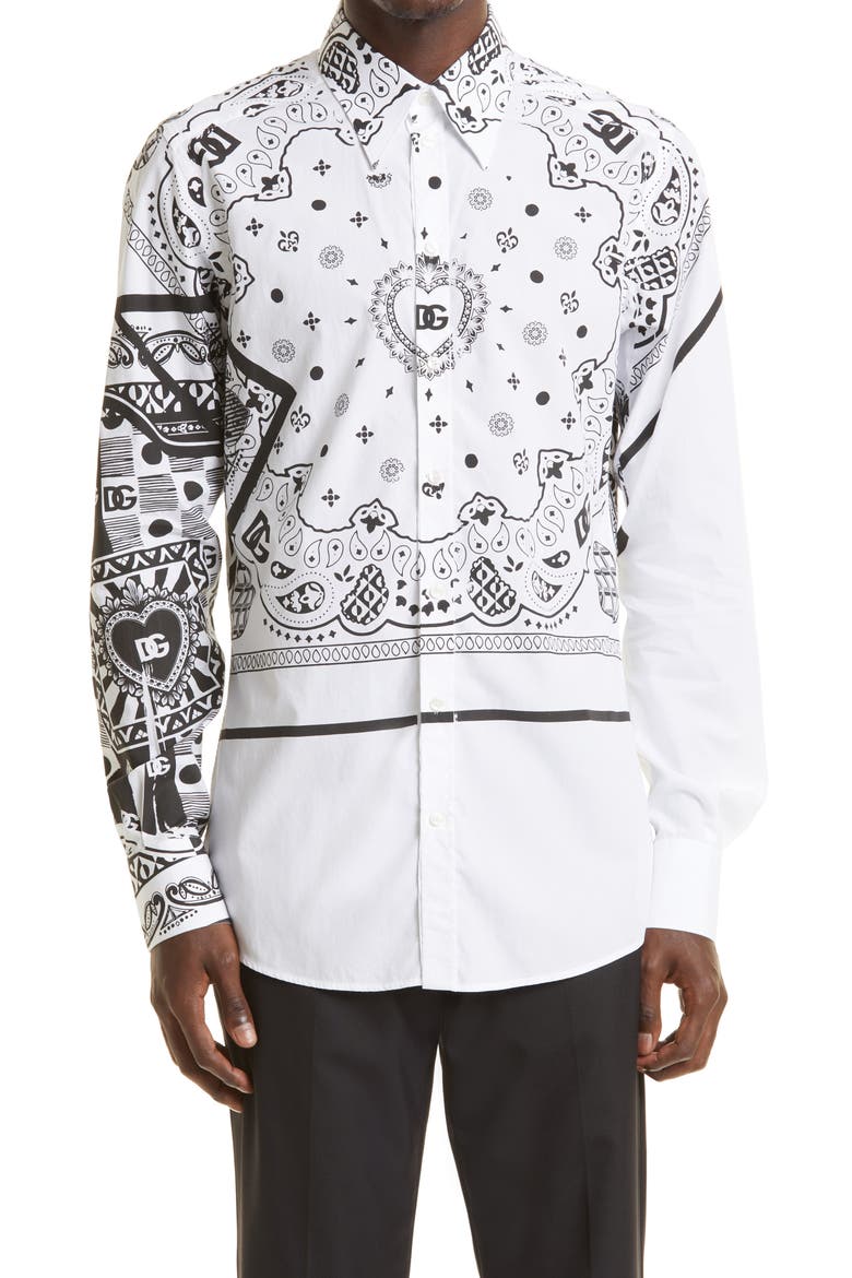 Martini Fit Bandana Print Cotton Button-Up Shirt, Main, color, OPTICAL WHITE