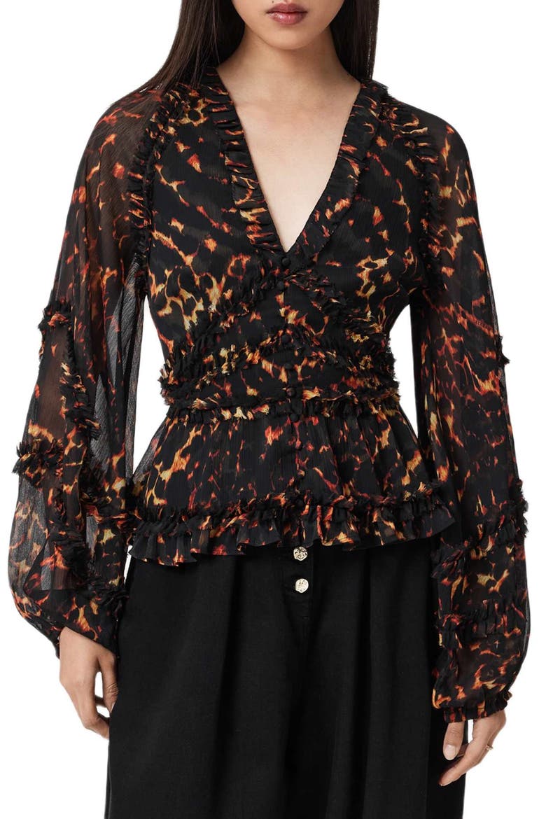 Silvie Print Ruffle Top, Main, color, PARDUS FLAME BROWN