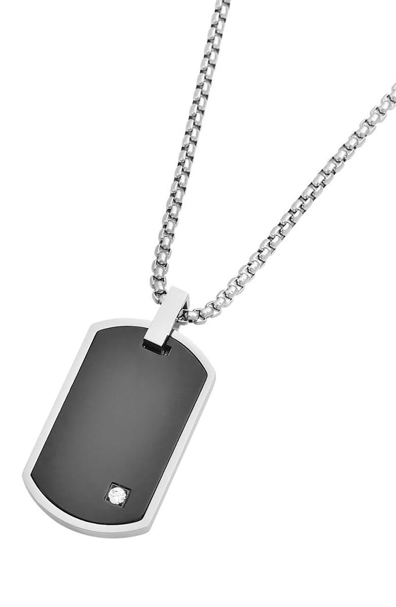 GEOFFREY BEENE Men's Stainless Steel Cubic Zirconia Dog Tag Pendant Necklace, Alternate, color, Black