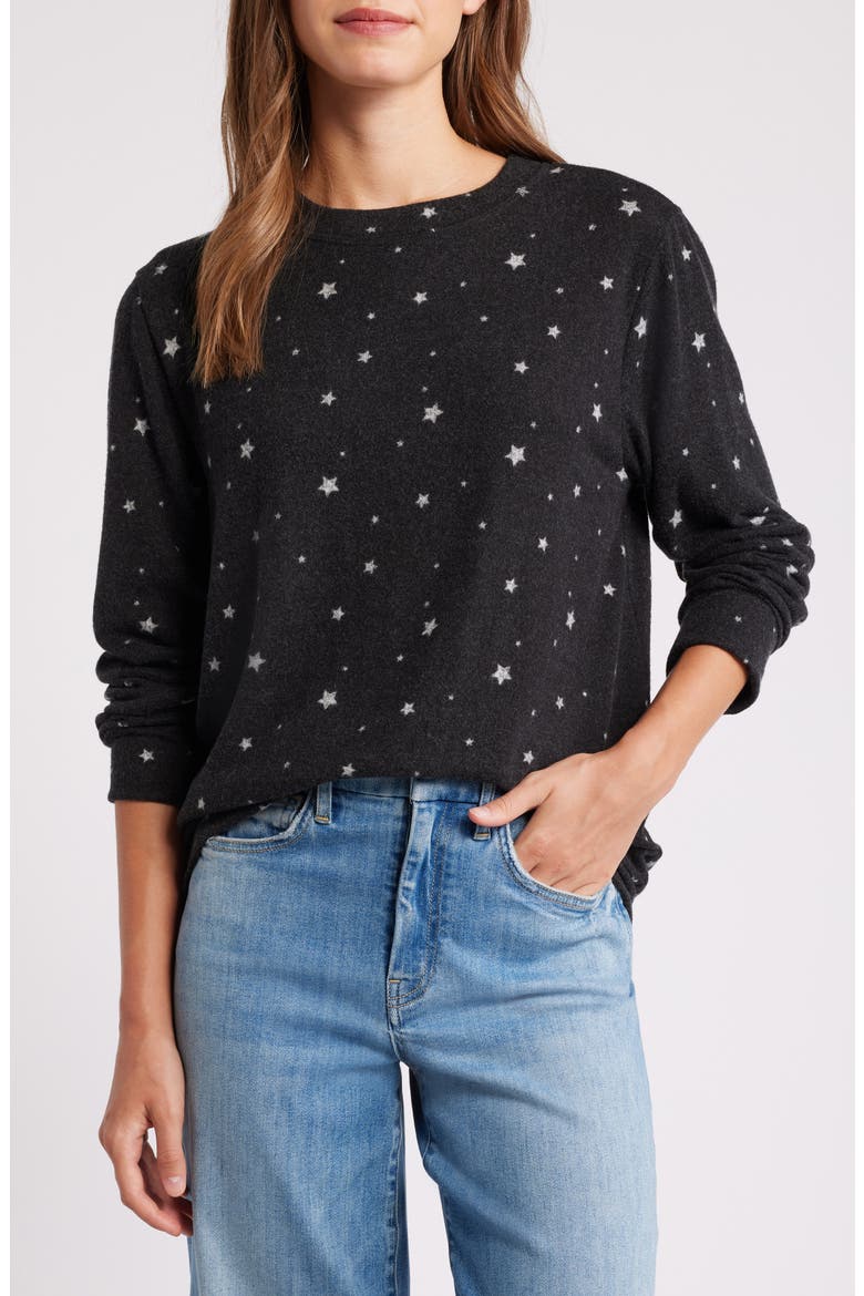 Star Print Long Sleeve Brushed Jersey Top, Main, color, BLACK/ GRAY