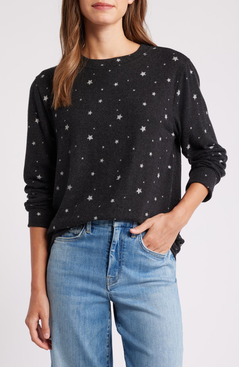 Loveappella Star Print Long Sleeve Brushed Jersey Top, Main, color, 