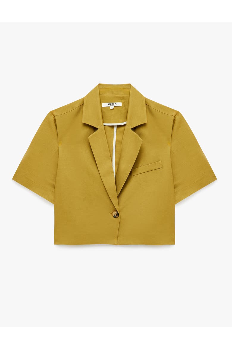 Linen Blend Short Sleeve Notched Collar Cropped Blazer, Alternate, color, KHAKI