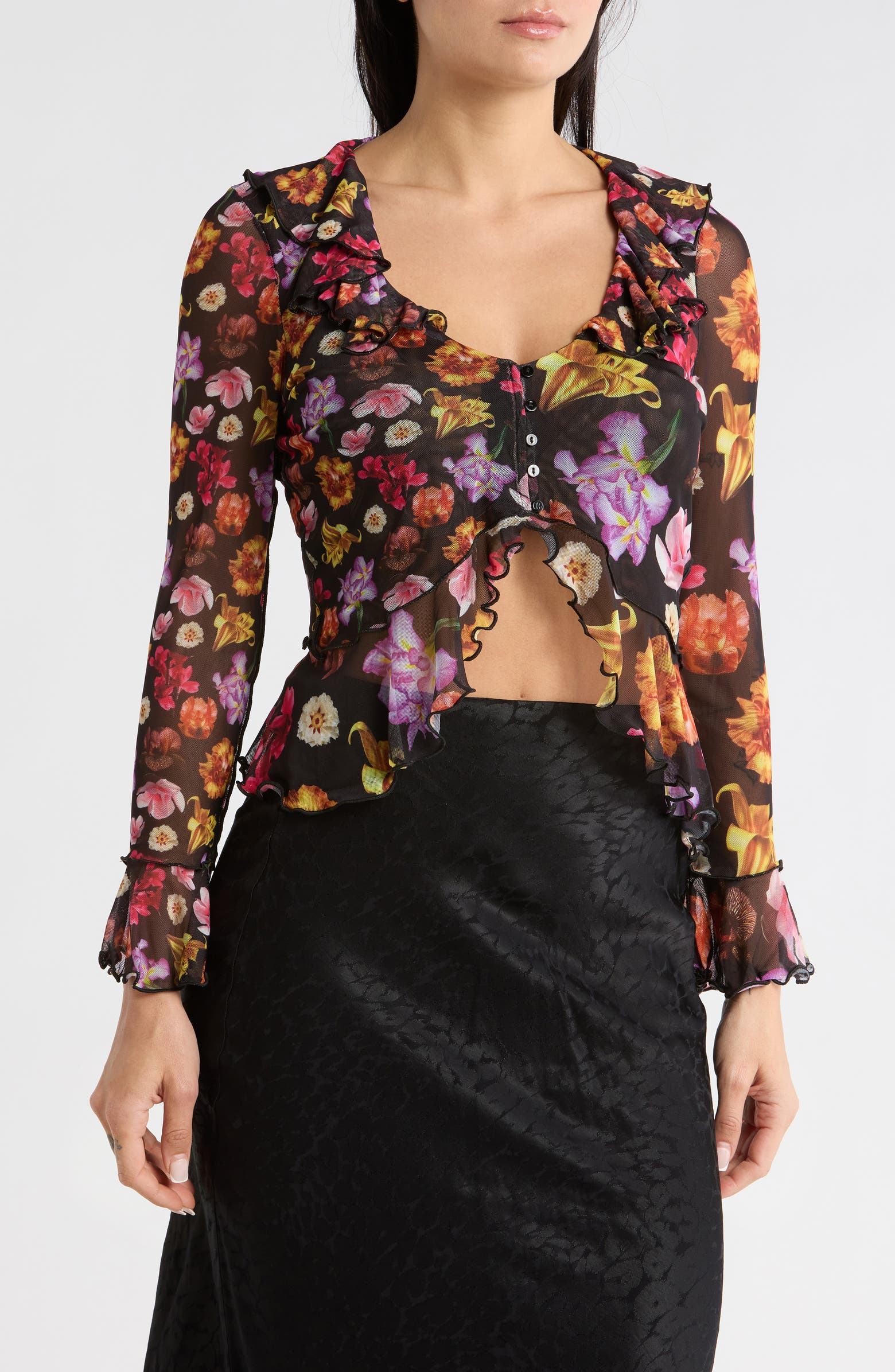 Desigual Floral Ruffle Mesh Crop Top | Nordstromrack