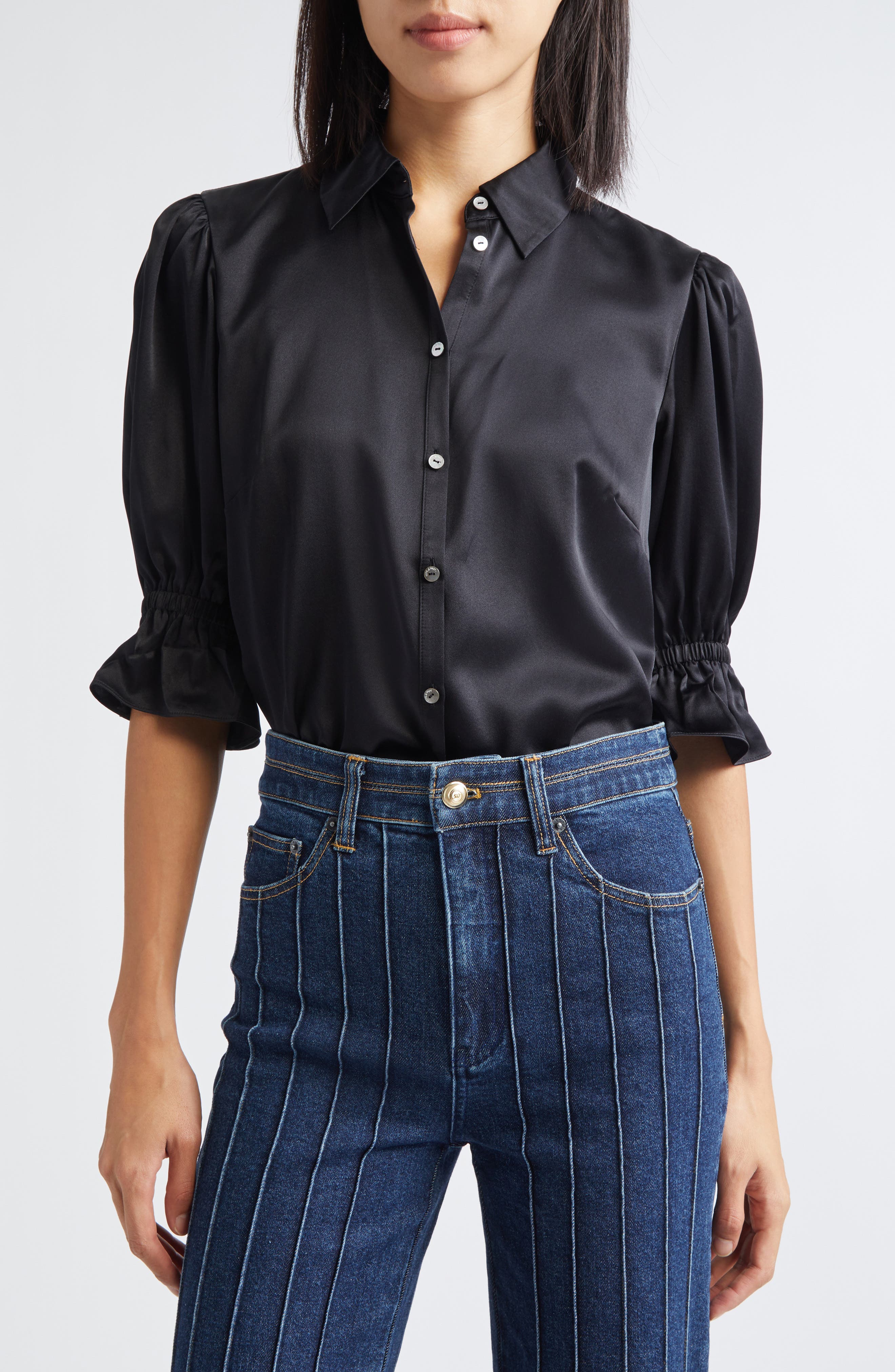 Cinq à Sept Fiona Ruffle Cuff Silk Button-Up Shirt (Women) | Nordstrom