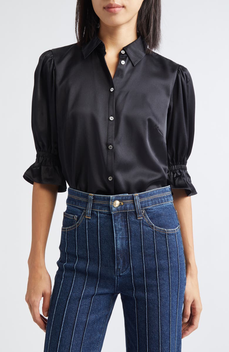 Cinq à Sept Fiona Ruffle Cuff Silk Button-Up Shirt, Alternate, color, Black