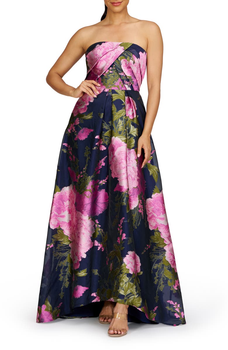 Kay Unger Holly Floral Print Strapless Gown, Main, color, Azalea Pink