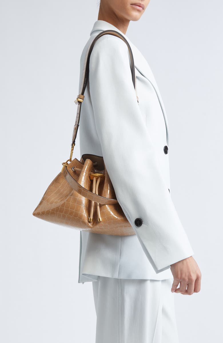 Jimmy Choo Cinch M Croc Embossed Patent Leather Bucket Bag, Alternate, color, Chai/ Gold