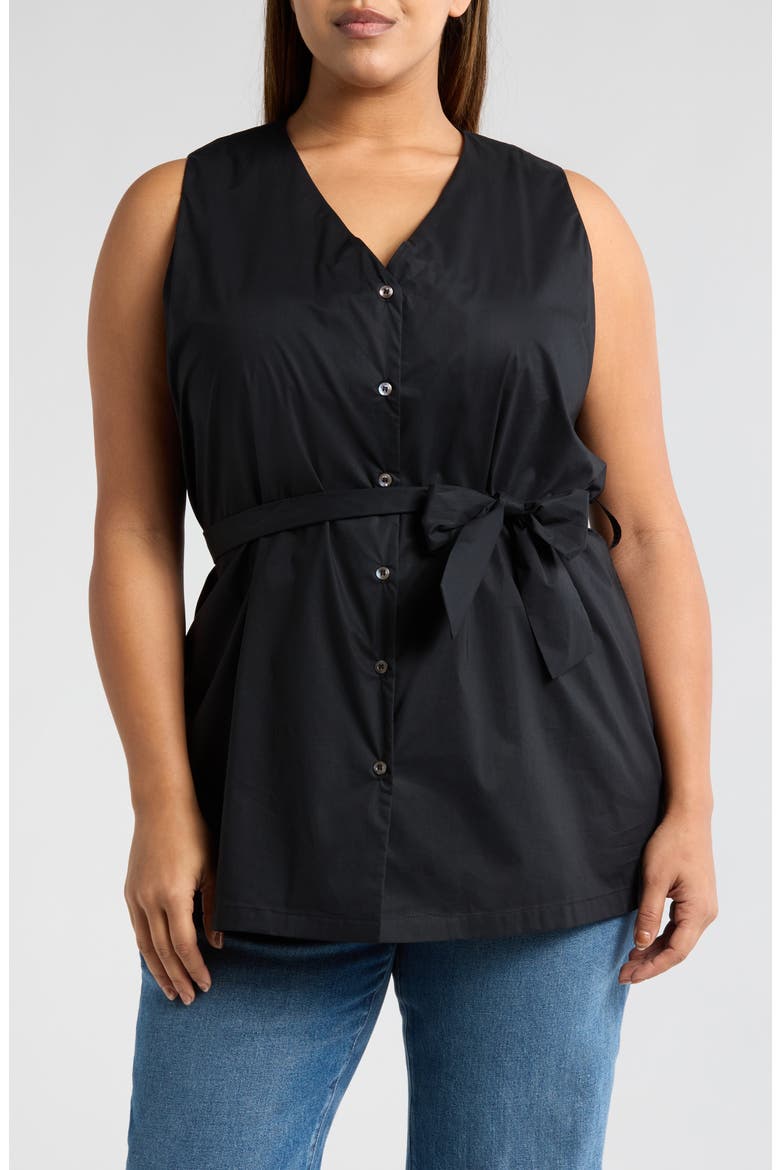 Reya Tie Waist Sleeveless Poplin Button-Up Top, Main, color, BLACK