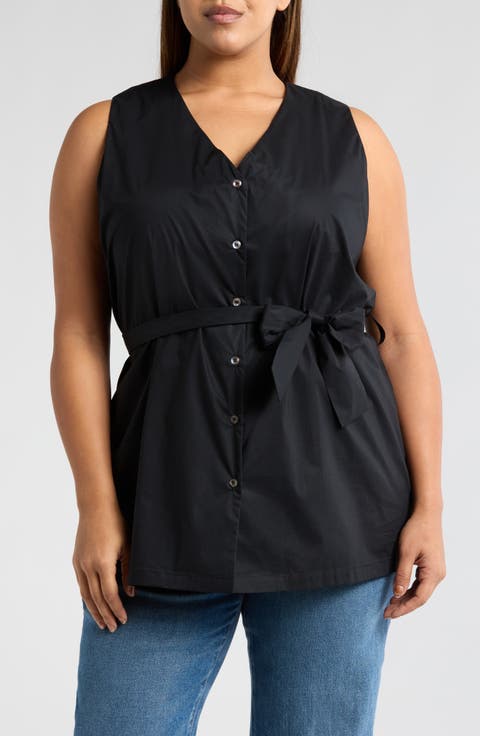 Reya Tie Waist Sleeveless Poplin Button-Up Top (Plus)