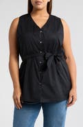 HARSHMAN Reya Tie Waist Sleeveless Poplin Button-Up Top
