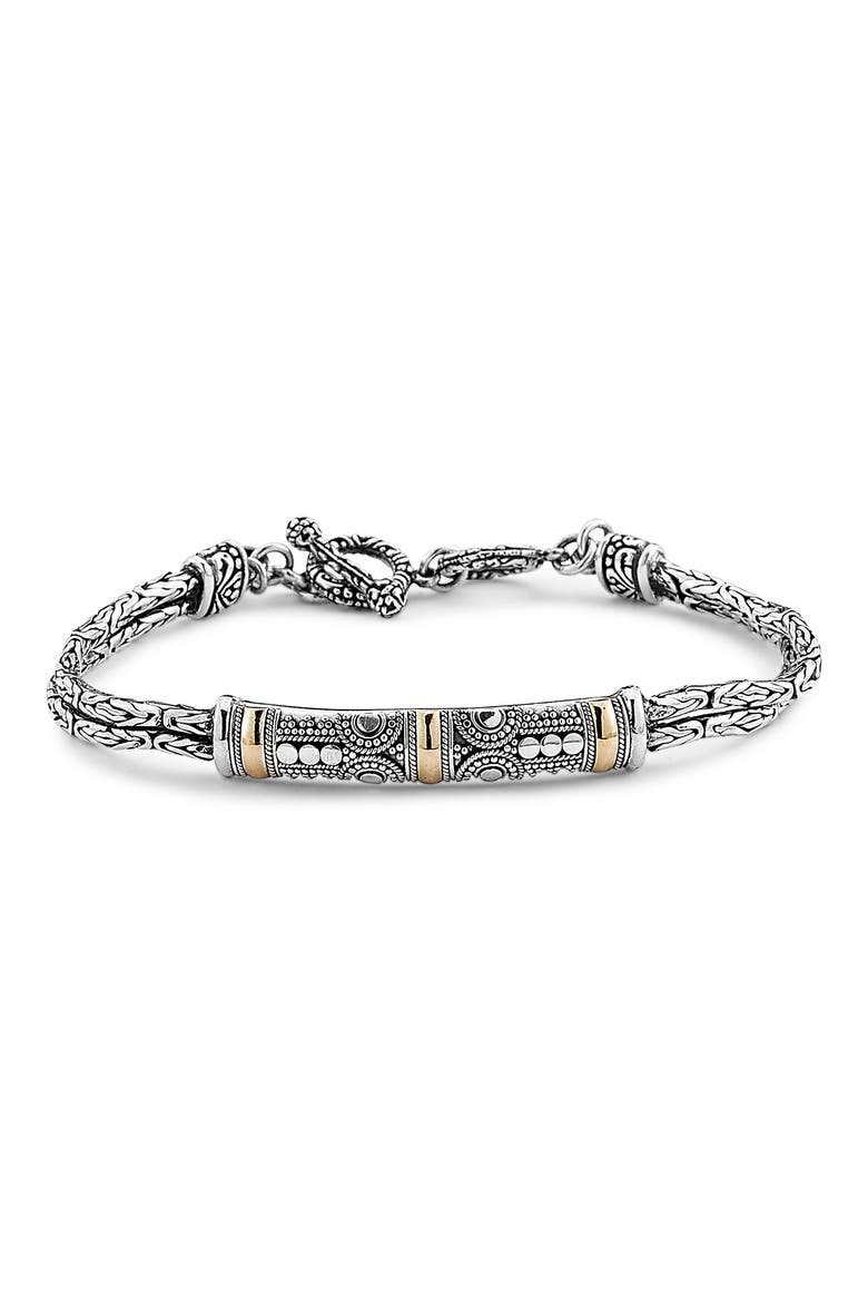 18K Yellow Gold & Sterling Silver Filigree Bar Toggle Bracelet, Main, color, SILVER-GOLD