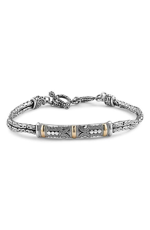 18K Yellow Gold & Sterling Silver Filigree Bar Toggle Bracelet