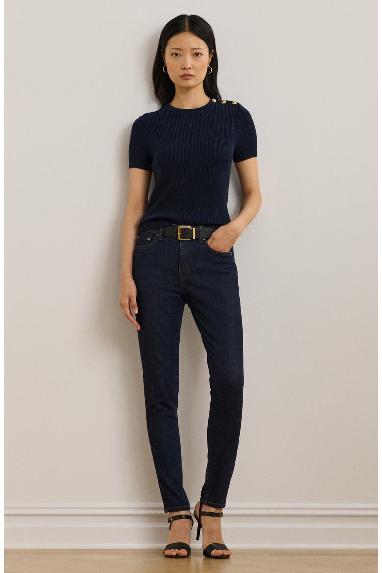 Rib Button Shoulder Short Sleeve Sweater, Alternate, color, LAUREN NAVY