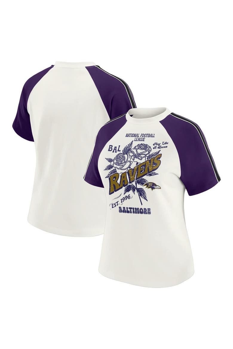 Women's WEAR by Erin Andrews White Baltimore Ravens Sleeve Stripe Distressed Raglan T-Shirt, Main, color, White