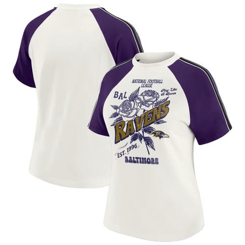 Wear By Erin Andrews White Baltimore Ravens Sleeve Stripe Distressed Raglan T-shirt In White