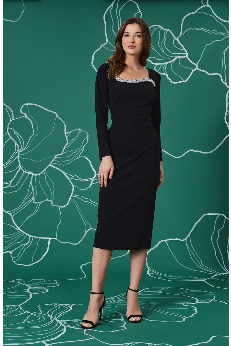 Beaded Long Sleeve Midi Dress, Alternate, color, BLACK