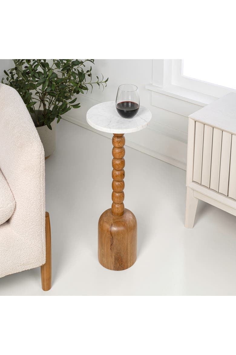 Turner Transitional Tall Round Drink Table, Pedestal Accent Side Table with Bobbin Spool Leg for Living Room, Alternate, color, Dark Brown/Beige/Gray