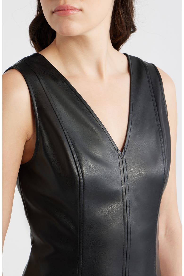V-Neck Faux Leather Fit & Flare Midi Dress, Alternate, color, BLACK