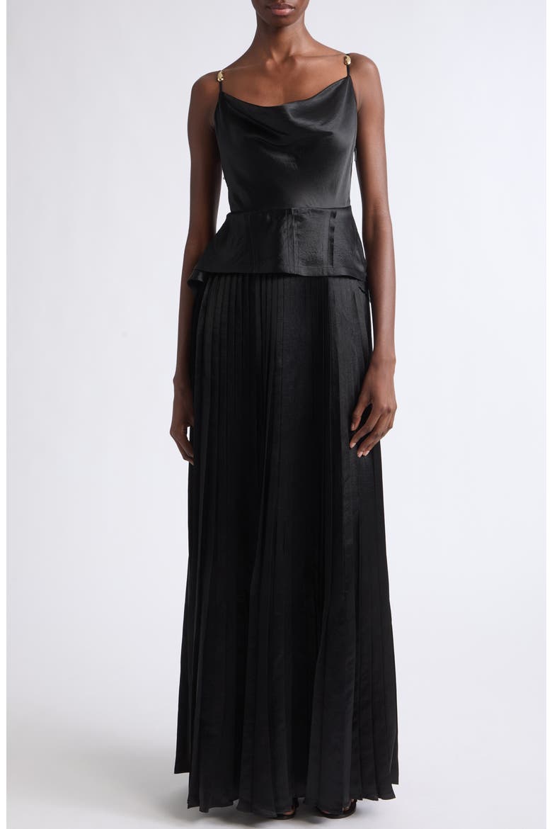 Cowl Neck Peplum Satin Gown, Main, color, BLACK