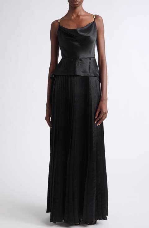 Cowl Neck Peplum Satin Gown