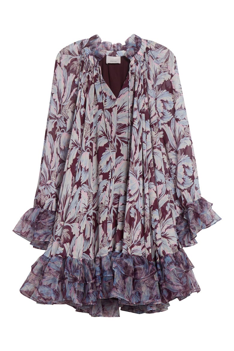Clairette Tie Neck Long Sleeve Swing Dress, Alternate, color, DEEP PLUM MULTI