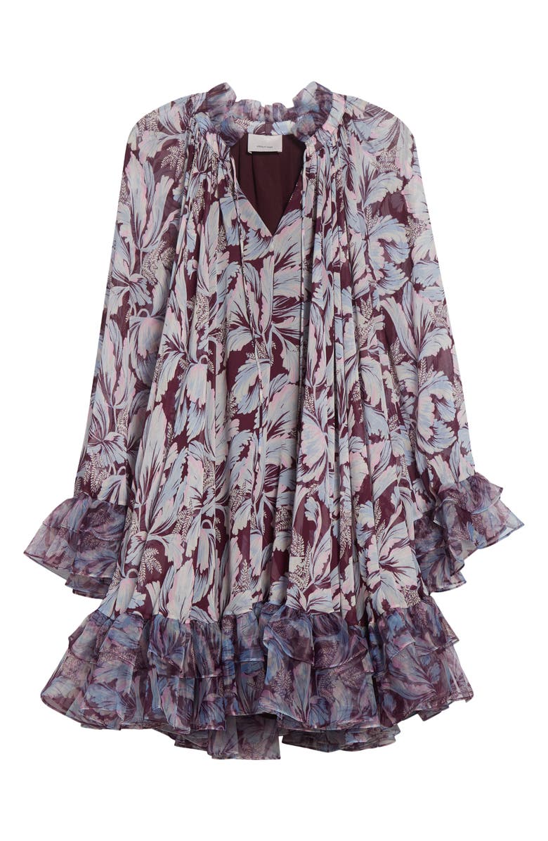 Cinq à Sept Clairette Tie Neck Long Sleeve Swing Dress, Alternate, color, Deep Plum Multi