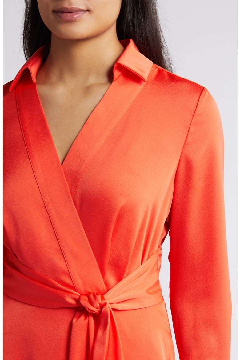 Wrap Front Long Sleeve Hammered Satin Midi Shirtdress, Alternate, color, MELON