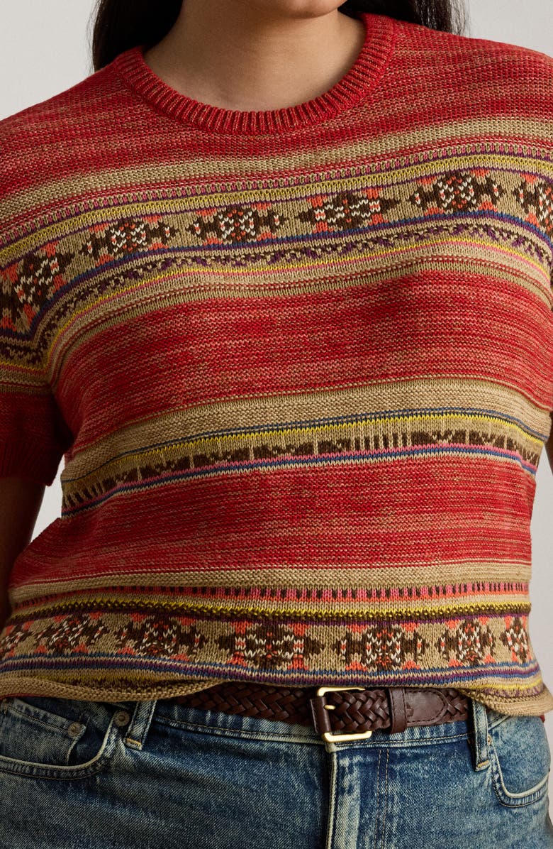 Lauren Ralph Lauren Geo Stripe Short Sleeve Cotton & Linen Sweater, Alternate, color,