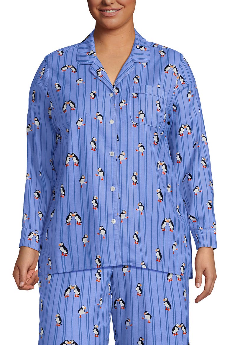 Plus Size Long Sleeve Print Flannel Pajama Top, Main, color, Clear Blue Playful Puffins