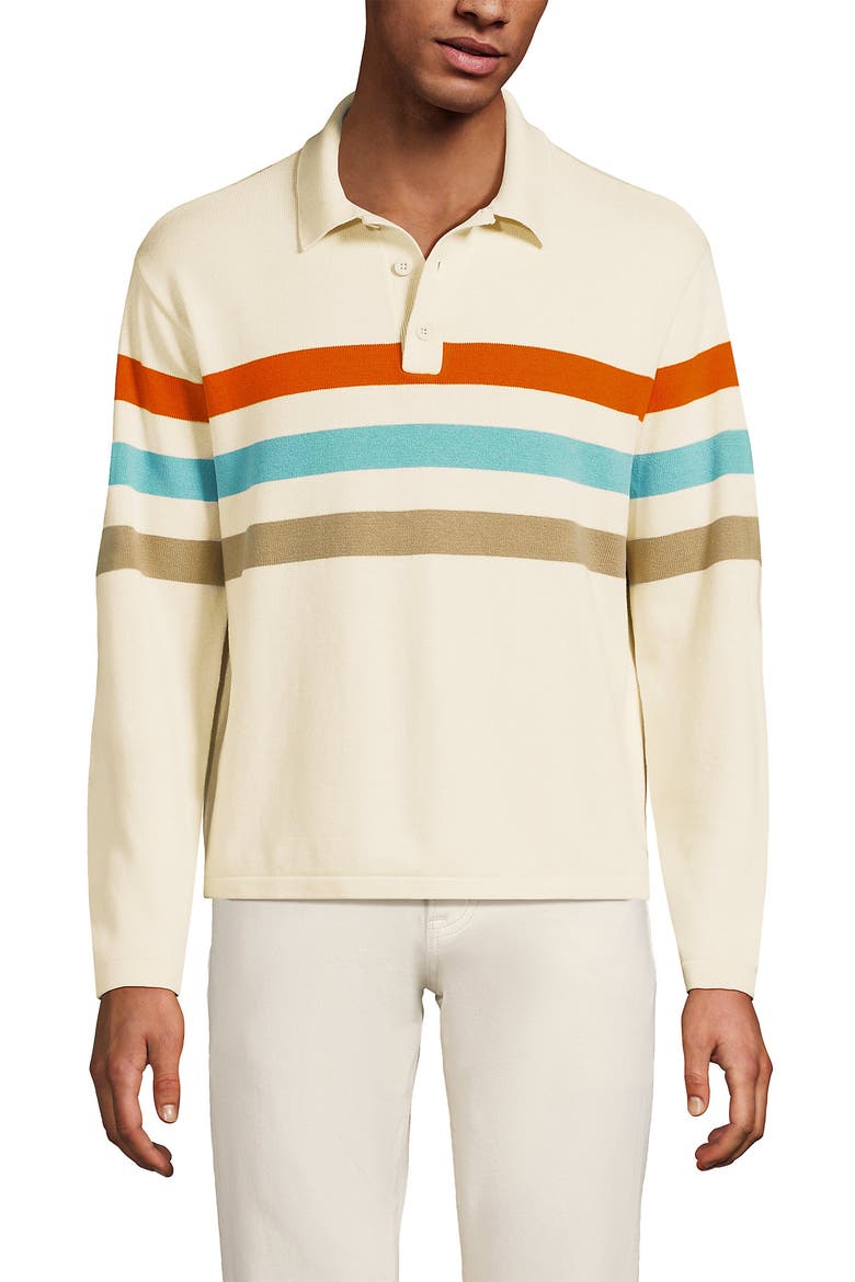 Long Sleeve Cotton Rugby Sweater Polo, Main, color, Ivory Latte Multi Stripe