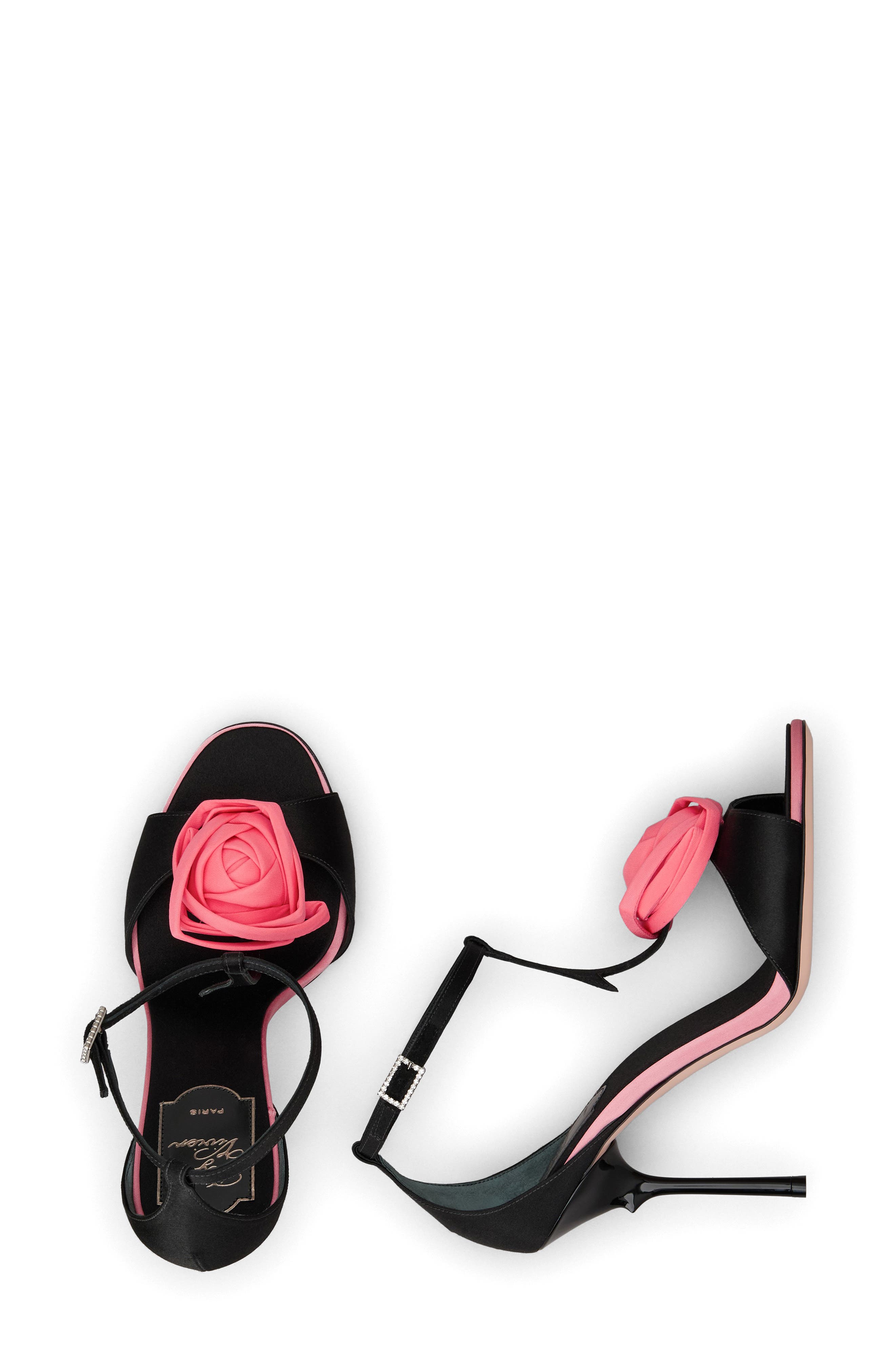 Roger Vivier Rose Vivier Satin T-Strap Sandal, Alternate, color, Nero/ Geranio
