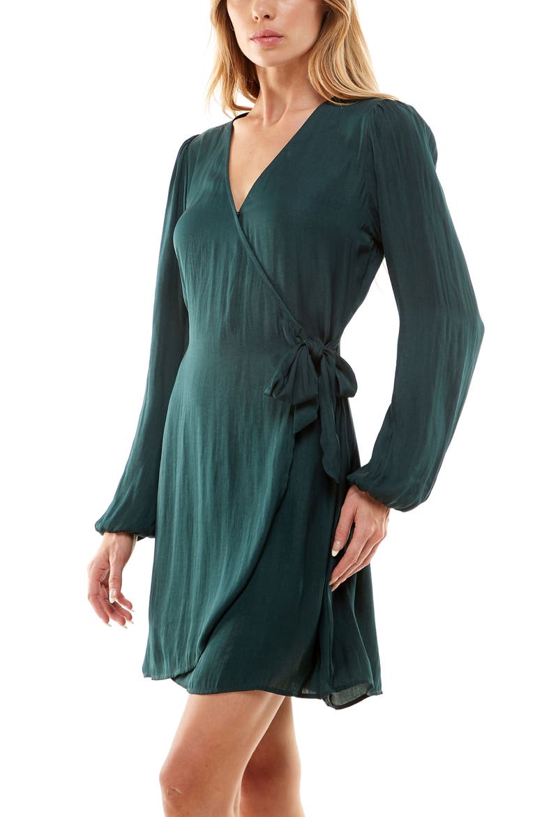 Satin Long Sleeve Wrap Dress, Alternate, color, HUNTER