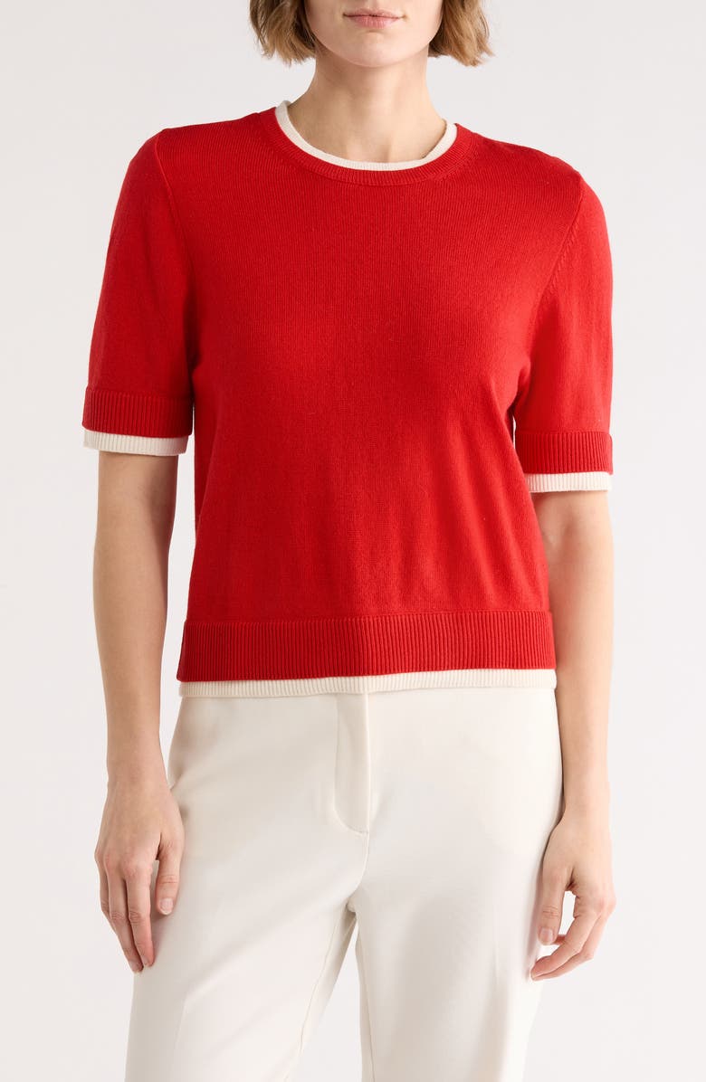 French Connection Layered Crewneck Short Sleeve Sweater, Main, color, True Red/ Cream