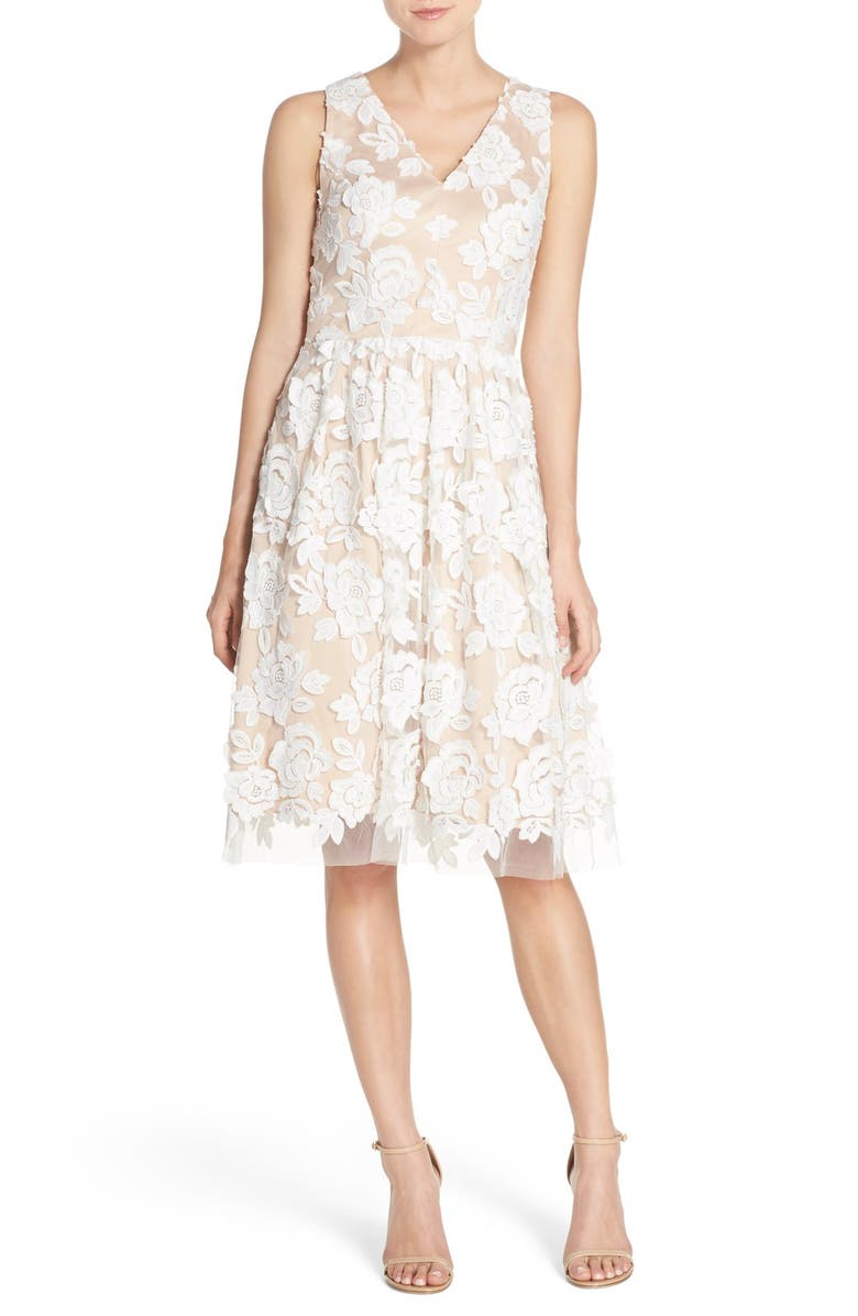 Eliza J Embroidered Mesh Fit & Flare Dress, Alternate, color,