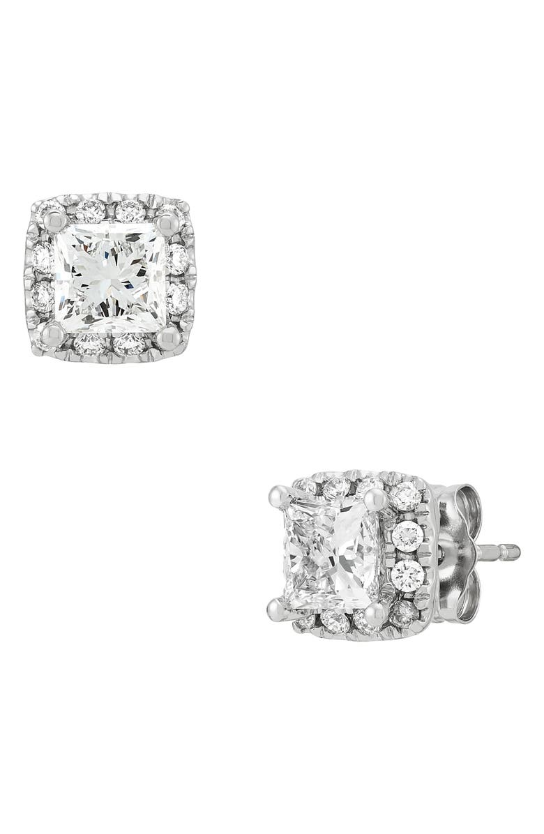 Frankie & Zoe 10K White Gold Lab Grown Princess Cut Diamond Halo Stud Earrings, Alternate, color, White Gold