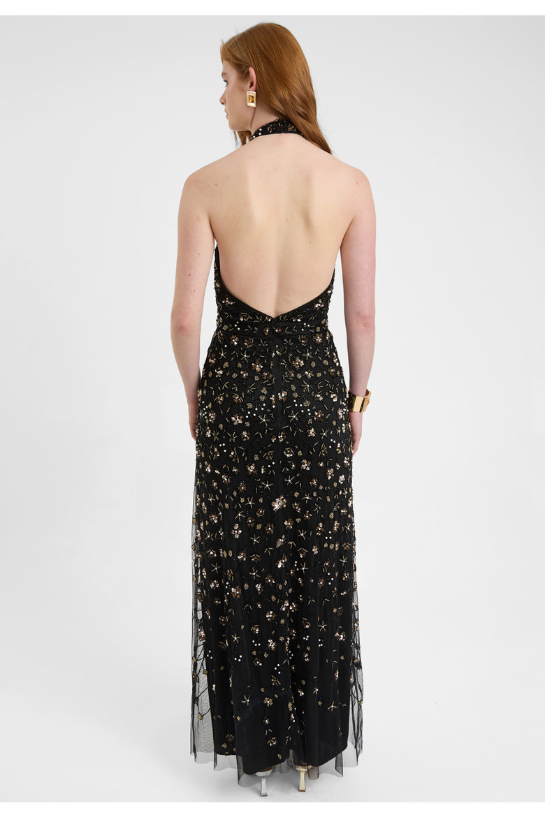 Embellished Sequin Beaded Maxi Dress With Choker-Style Collar, Alternate, color, BLACK