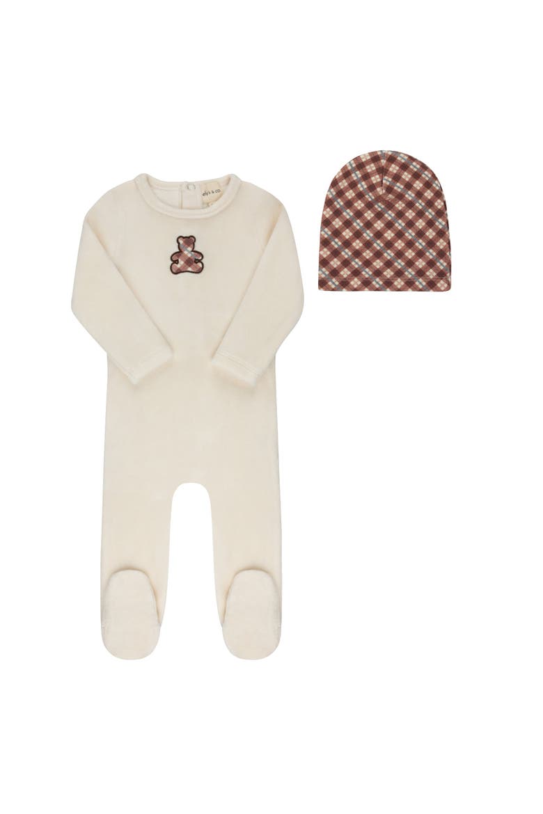 Velour Plaid Bear Collection - Footie + Beanie, Main, color, Ivory/Pink