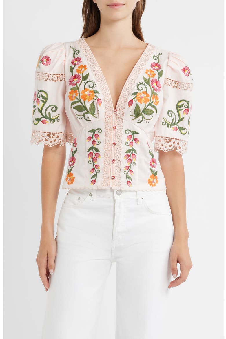 Floral Embroidered Cotton Top, Main, color, IVORY/ PINK