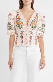 FARM Rio Floral Embroidered Cotton Top