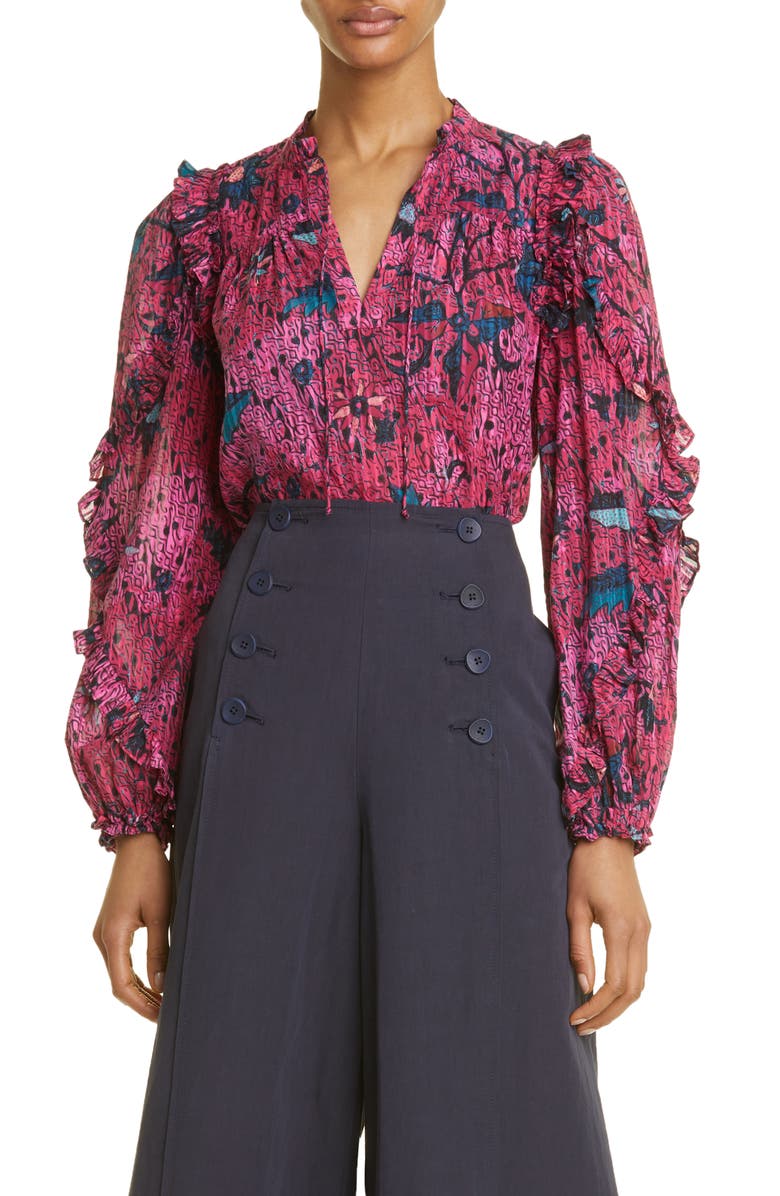 Ulla Johnson Safi Split-Neck Topstitched Blouse