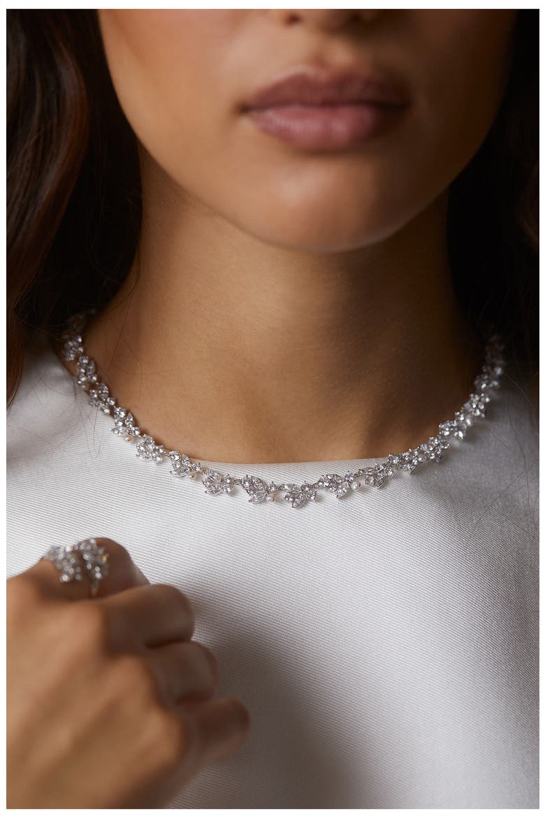 Ravish Laurel Cubic Zirconia & Cultured Purl Collar Necklace, Alternate, color, RHODIUM
