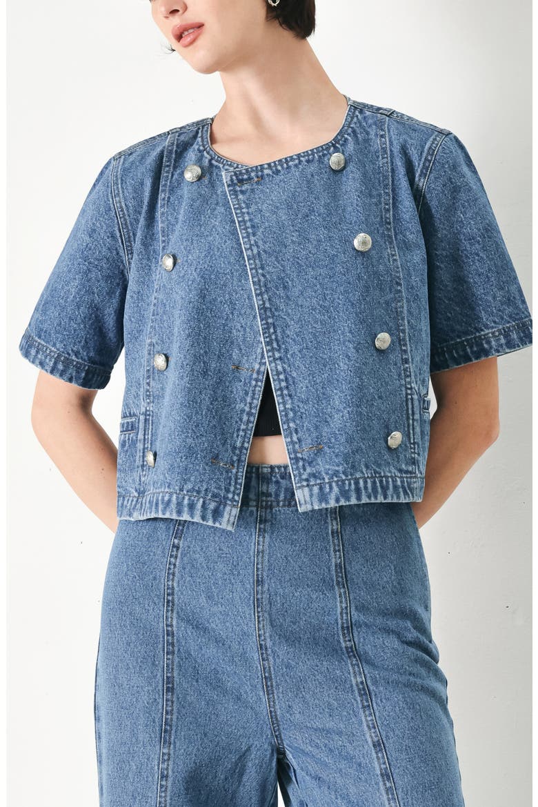 Cotton Denim Buttoned Crop Top, Alternate, color, INDIGO