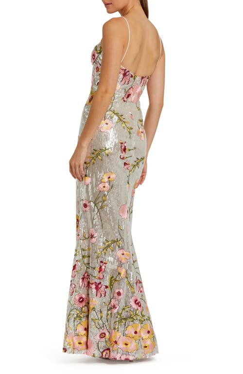 Mac Duggal Sleeveless Bustier Floral Applique Gown In Silver Multi