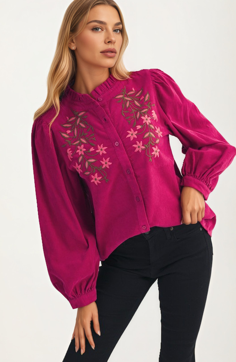 Button Front Embroidered Floral Long Sleeve Blouse
