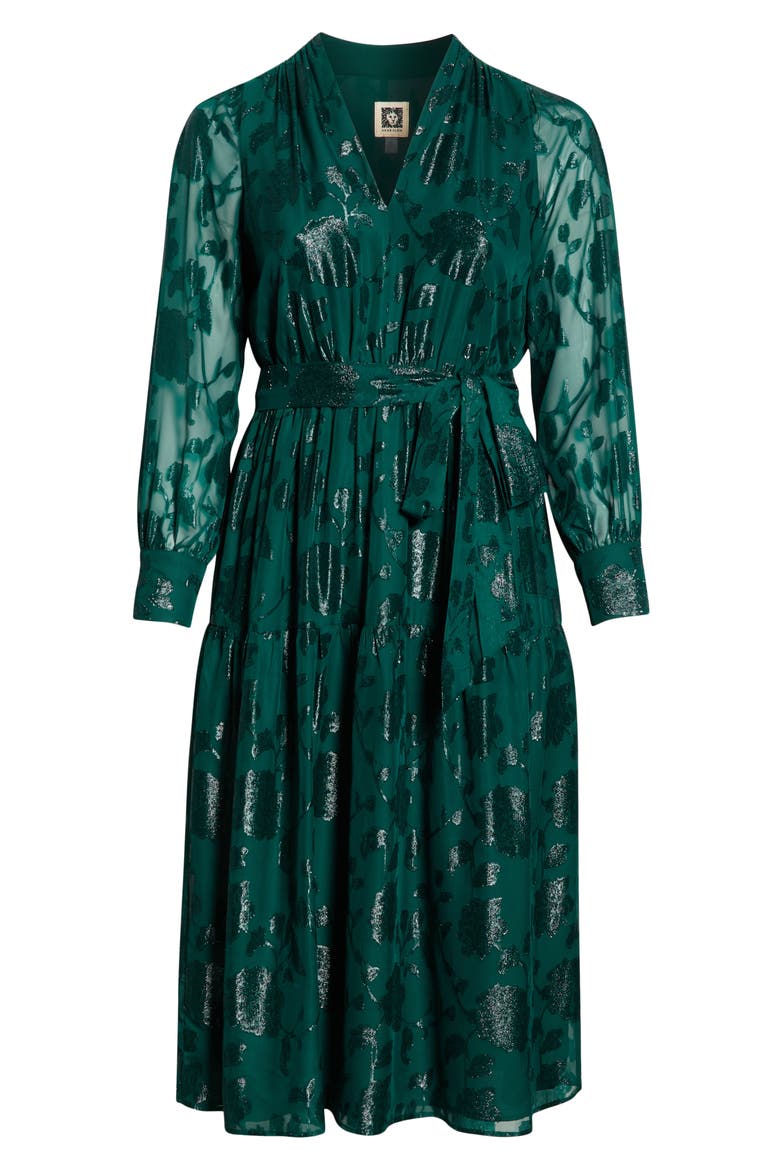 Floral Metallic Long Sleeve Asymmetric Tiered Dress, Alternate, color, MIDNIGHT PINE