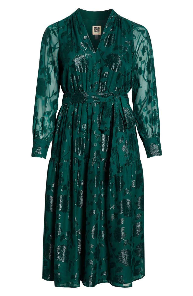 Anne Klein Floral Metallic Long Sleeve Asymmetric Tiered Dress, Alternate, color, Midnight Pine