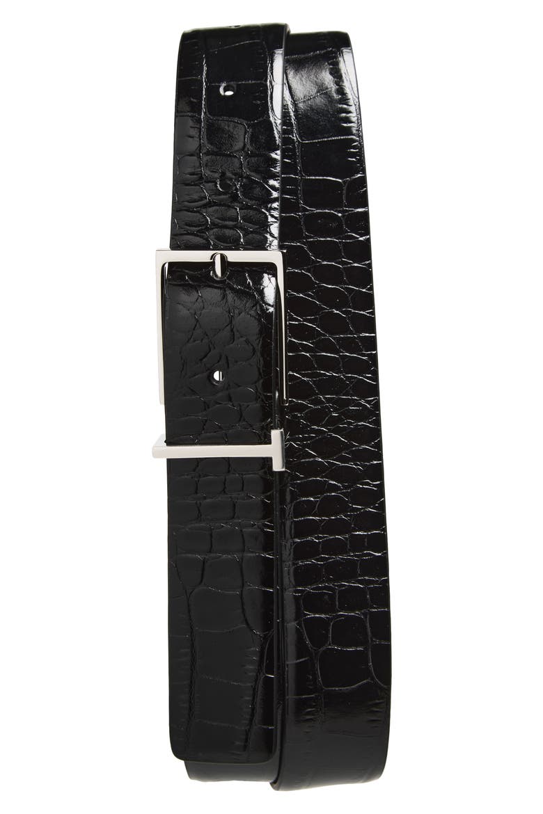 T Loop Croc Embossed Patent Leather Belt, Main, color, BLACK